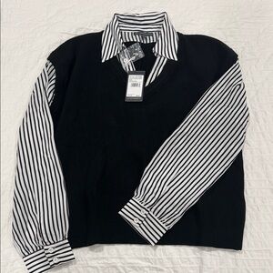 Adrianna Papell Black Knit Vest with Black & White Striped Shirt Layered Top